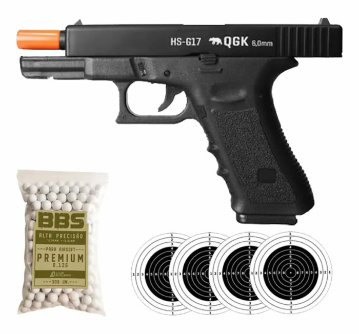 Pistola Airsoft Glock 17 Qgk Hs G17 Spring Calibre 6mm Q2, treino e lazer, com magazine para 18 BB’s, velocidade de 195 FPS, e sistema manual fácil de usar.