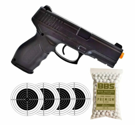 Pistola de airsoft rossi Vigor VG 24/7 V310, calibre 6 mm, ação spring, capacidade de 12 Bbs, velocidade de 130 fps, estrutura em polímero, cor preta, ferrolho, massa de mira e alça de mira fixas.